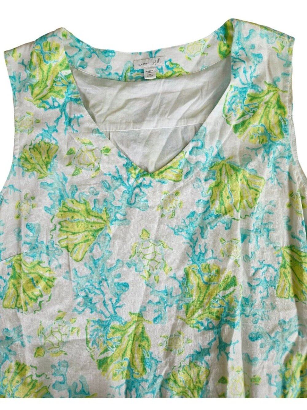 J. Jill Love Linen Sleeveless V-Neck Dress XL Petite Green Aqua Sea Turtle Print - Picture 6 of 13